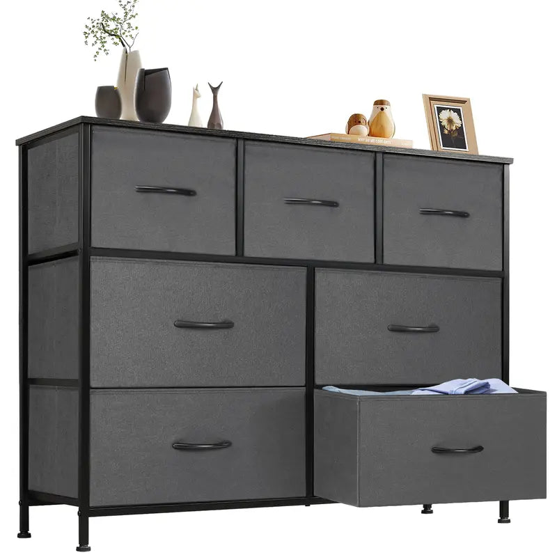 Sweetcrispy Home Furniture Dresser, Dresser for Bedroom, Storage Drawers, TV Stand Fabric Storage Tower with 7 Drawers, Chest of Drawers with Fabric Bins, Wooden Top for TV up to 45 Inch, for Kid Room, Closet, Entryway, Nursery