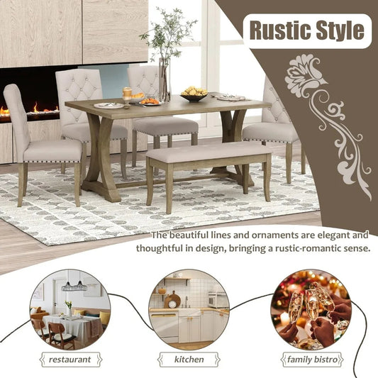 Piece Dining Room Set for 6, Retro Rectangular Farmhouse Table with Trestle Curved Legs and 4 Upholstered Bench, Dinette Kitchen - Elite Edge Essentials 