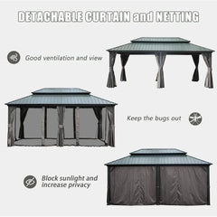 12’ X 20’ Hardtop Gazebo Canopy with Netting &Curtains, Outdoor Aluminum Gazebo with Galvanized Steel Double Roof for Patio Lawn - Elite Edge Essentials 