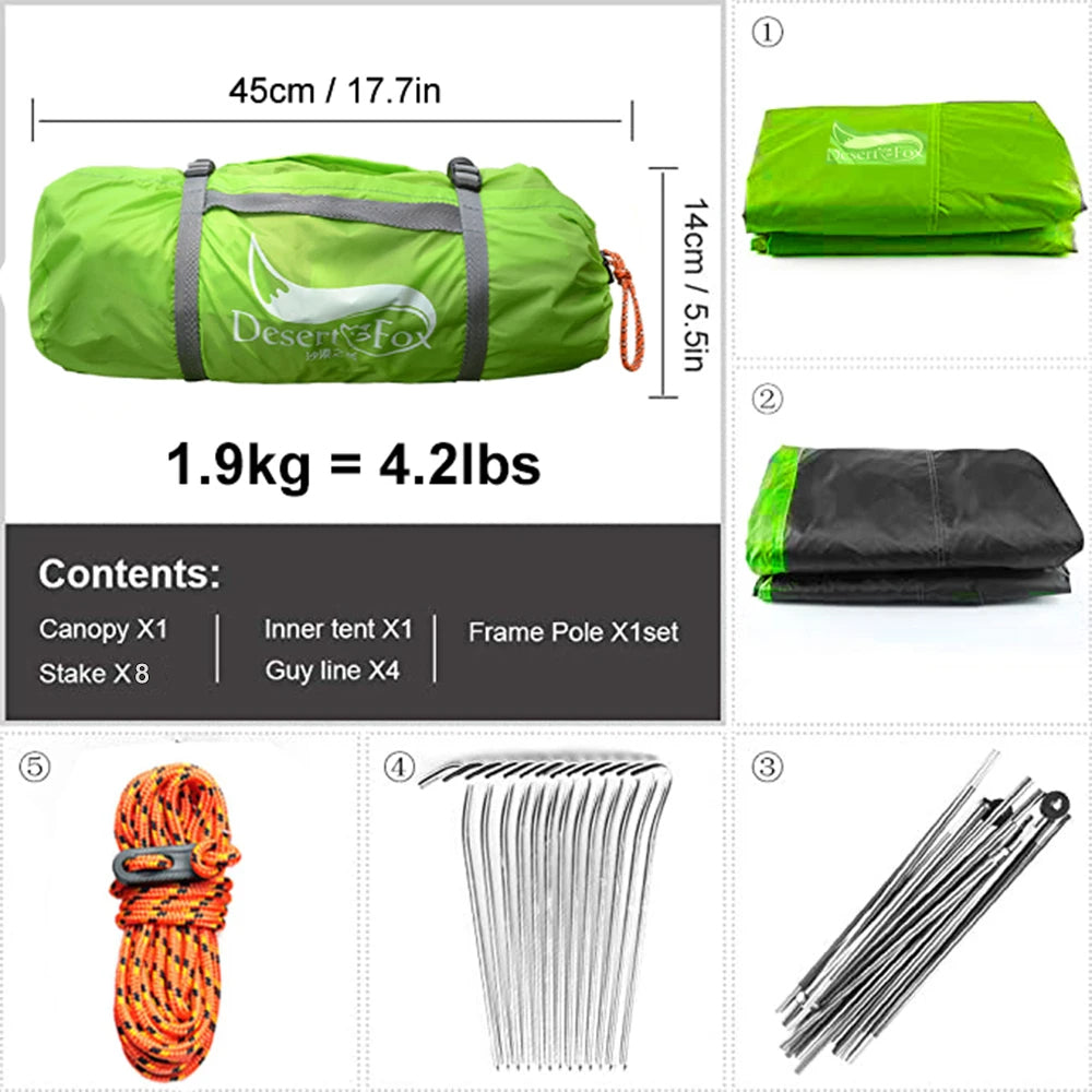 Desert&Fox Backpacking Tent 2 Person Aluminum Pole Lightweight Camping Tent Double Layer Portable Handbag for Hiking Travelling - Elite Edge Essentials 