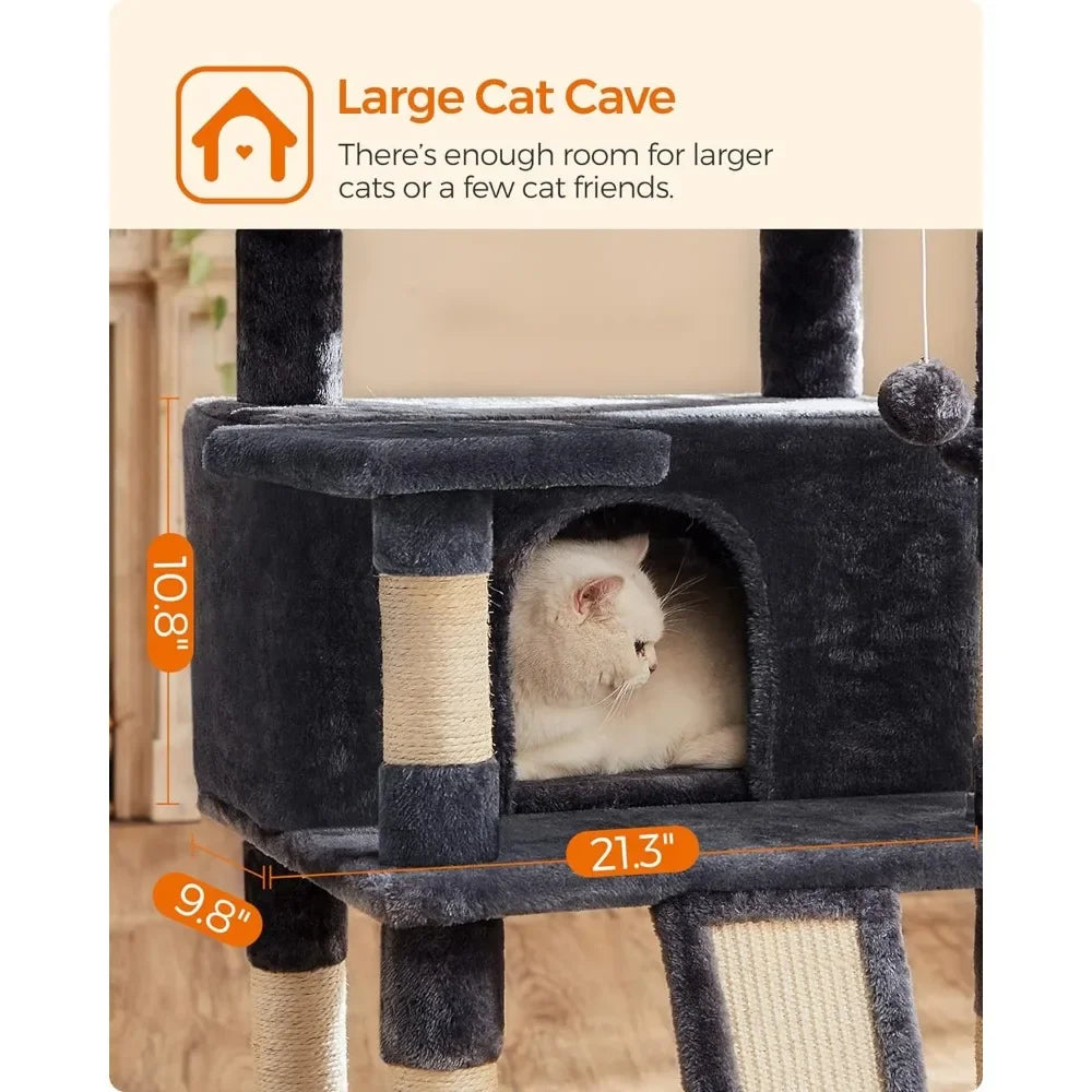 Cat Tree Articles for Cats Products Large Cat Tower 3 Plush Perches Pet Board Beds and Furniture 2 Caves 66.5 Inches Smoky Gray