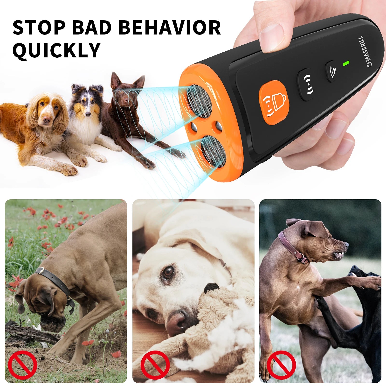 Dog Repeller No Dog Noise anti Barking Device Ultrasonic Dog Bark Deterrent Devices Training 3 Modes USB Rechargeable
