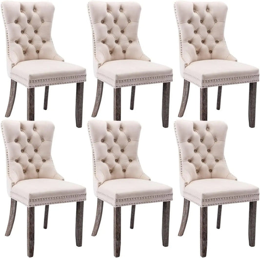 Dining Room Chairs Set of 6, Velvet Tufted Dining Chairs with Nailhead Back and Ring Pull Trim, Upholstered Dining Chairs - Elite Edge Essentials 