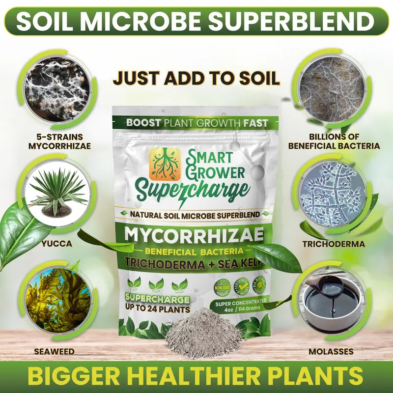 Mycorrhizal Fungi Root Enhancer with Beneficial Bacteria, Humic, Amino, Yucca, Sea Kelp, Trichoderma, Mycorrhizae, Compost Tea, Boost Plant Growth, Smart Grower Supercharge 4 OZ | up to 24 Plants