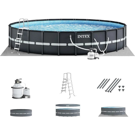 Ultra XTR Frame 14' x 42" Round Above Ground Outdoor Swimming Pool Set with Sand Filter Pump, Ground Cloth, Ladder, - Elite Edge Essentials 