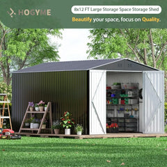 8 x 12 FT Outdoor Storage Shed, Large Metal Garden Shed with Updated Frame Structure and Lockable Doors, Tool Sheds for Backyard Garden Patio Lawn, Grey - Elite Edge Essentials 