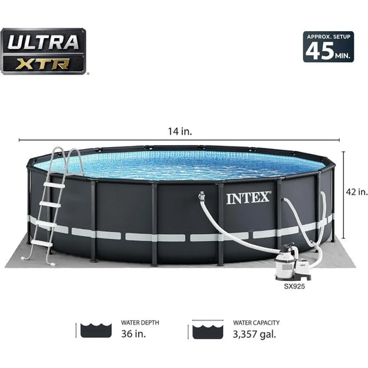 Ultra XTR Frame 14' x 42" Round Above Ground Outdoor Swimming Pool Set with Sand Filter Pump, Ground Cloth, Ladder, - Elite Edge Essentials 