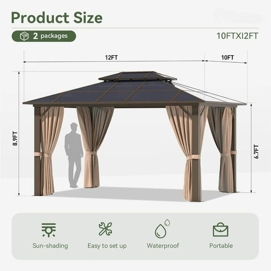 Outdoor Hardtop Gazebo, Aluminum Frame Permanent Pavilion with Curtains and Netting, Double Roof Canopy,for Gardens,Patios,Lawns - Elite Edge Essentials 
