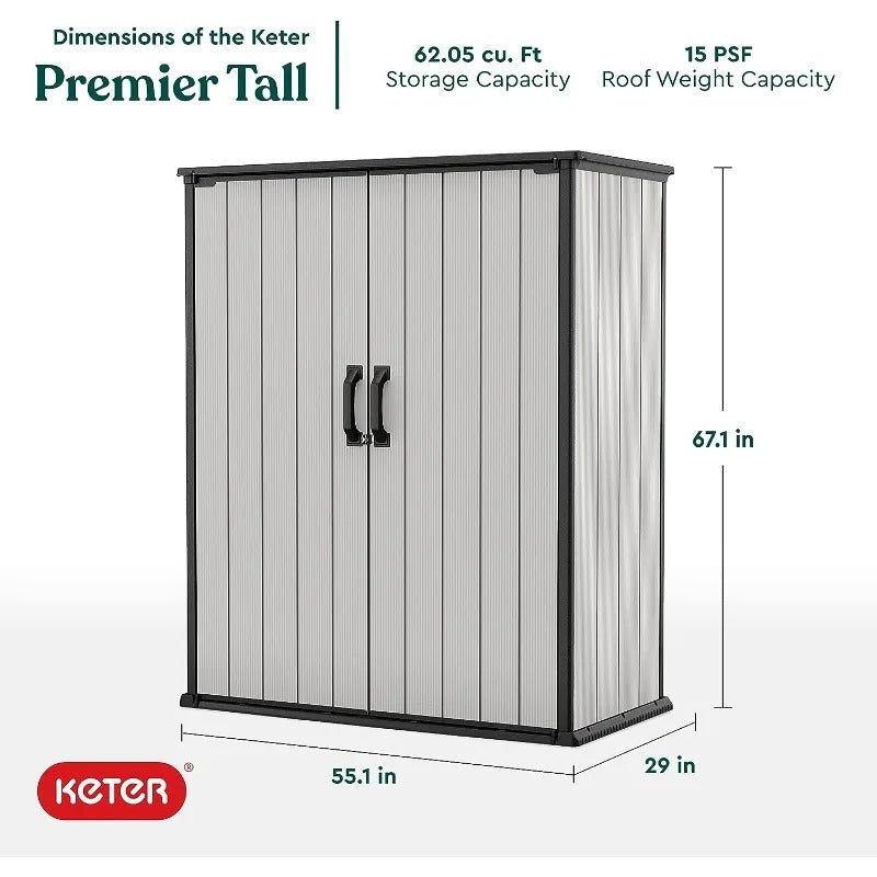 Keter Premier Tall 4.6 x 5.6 ft. Resin Outdoor Storage Shed with Shelving Brackets for Patio Furniture, Gray and Black - Elite Edge Essentials 