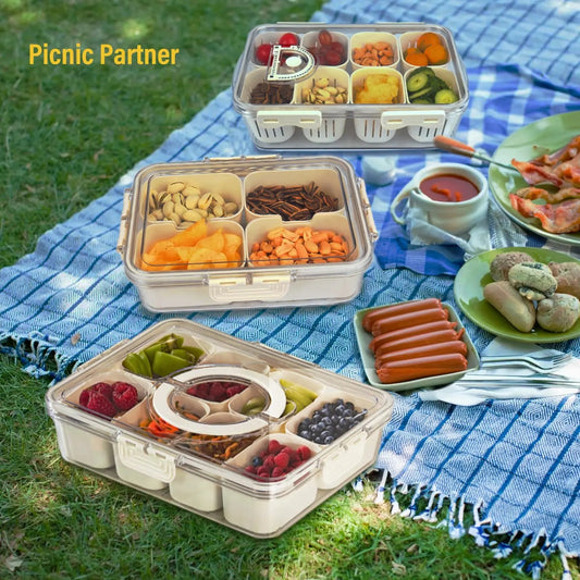 Divided Serving Tray with Handle - Lid & Removable Snack Box 8 Compartment Fruit Container Food Storage Snackle Lunch Organizer Fridge Platter Charcuterie Holder for Travel Candy Party Salad - Elite Edge Essentials 