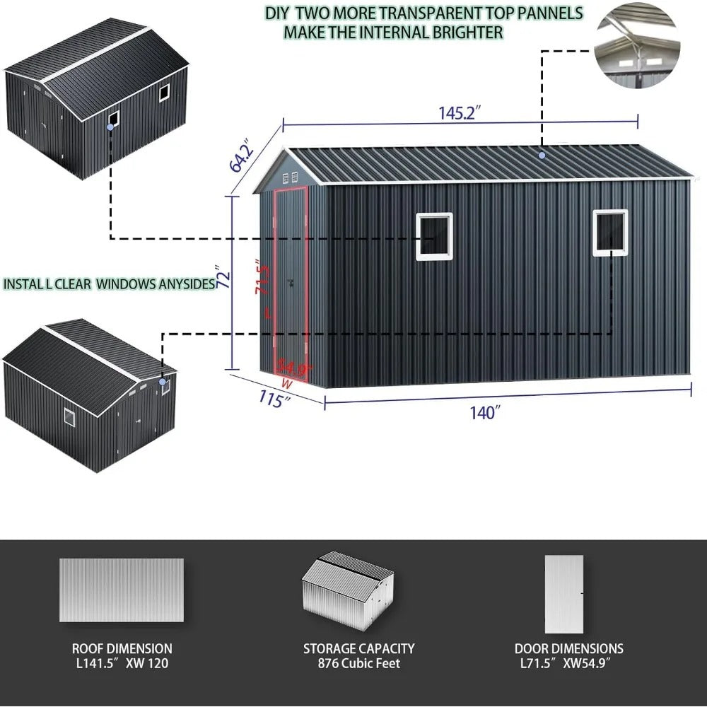 10X12X7.5 FT outdoor steel storage shed with lockable doors,perfect for garden, backyard, and terrace utilities and tool storage - Elite Edge Essentials 