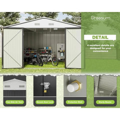 Greesum Outdoor Storage Shed 10FT x 10FT, Steel Utility Tool Shed Storage House with Door & Lock, Gray - Elite Edge Essentials 