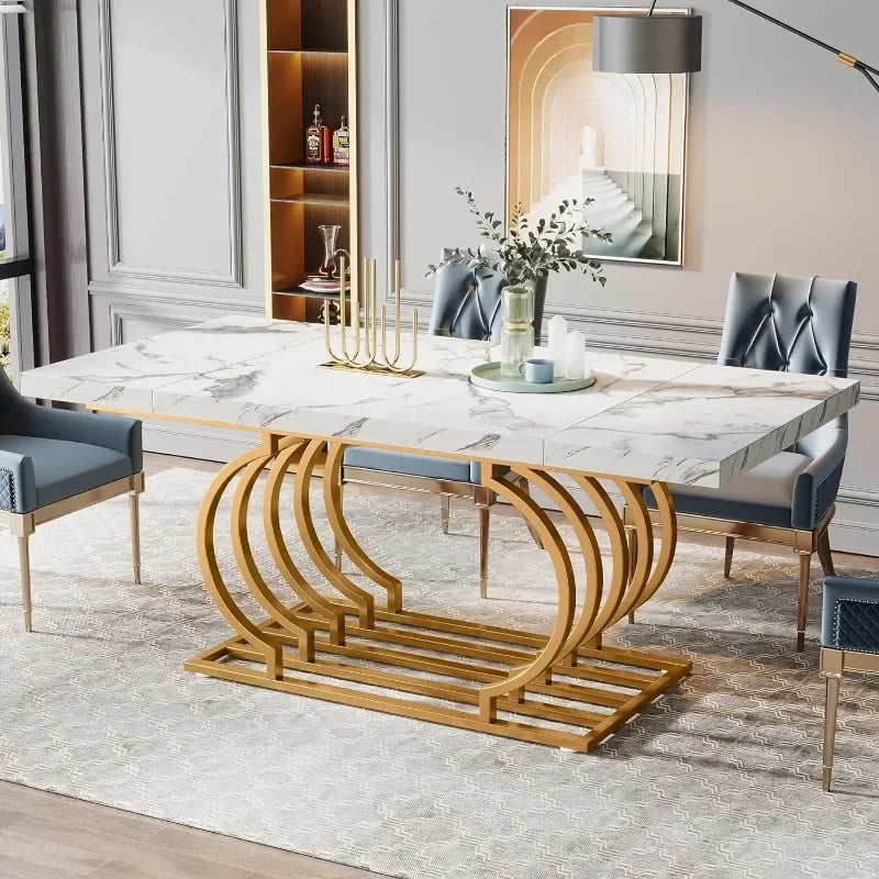 Modern Dining Table, 63 inch Faux Marble Wood Kitchen Table for 6 People, Rectangular Dinner Room Table with Geometric Frame - Elite Edge Essentials 